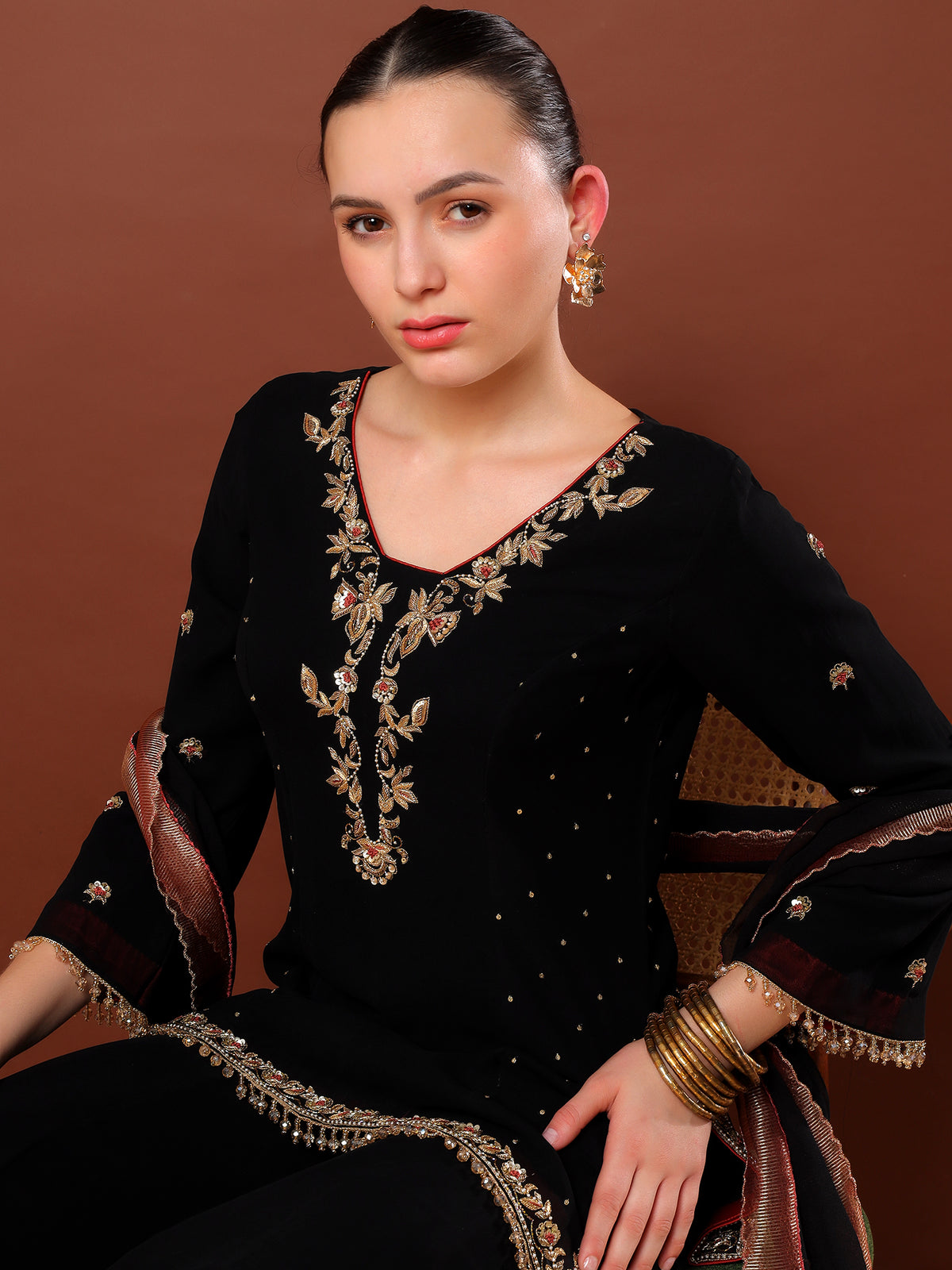 Black Embroidered Sharara Suit