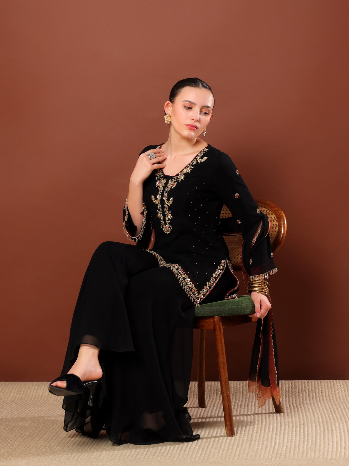 Black Embroidered Sharara Suit
