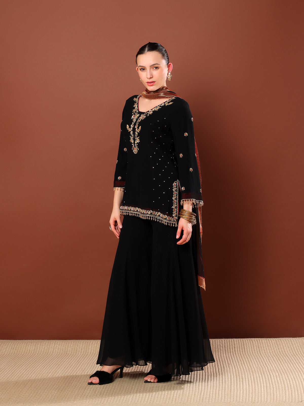 Black Embroidered Sharara Suit