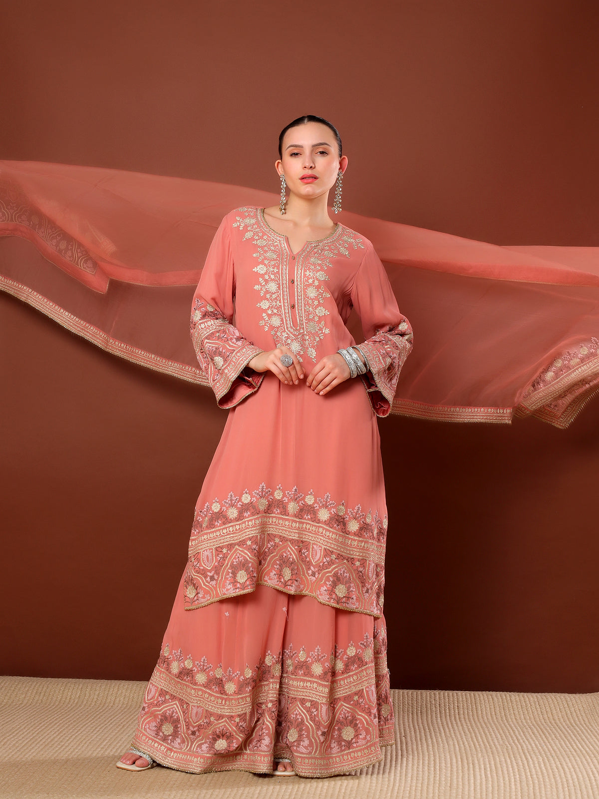 Peach Aari Work Sharara Suit