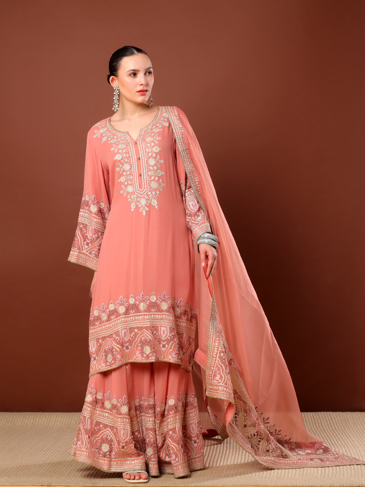 Peach Aari Work Sharara Suit