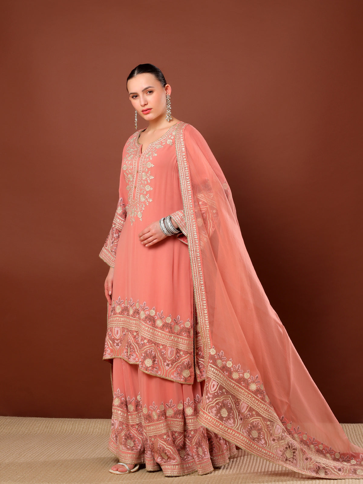 Peach Aari Work Sharara Suit