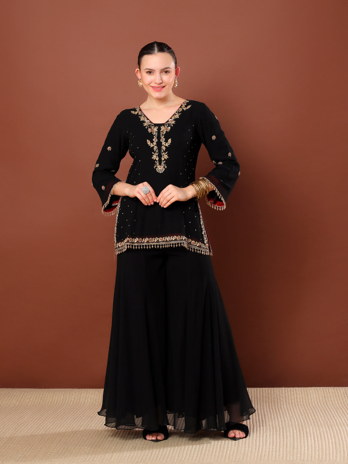 Black Embroidered Sharara Suit