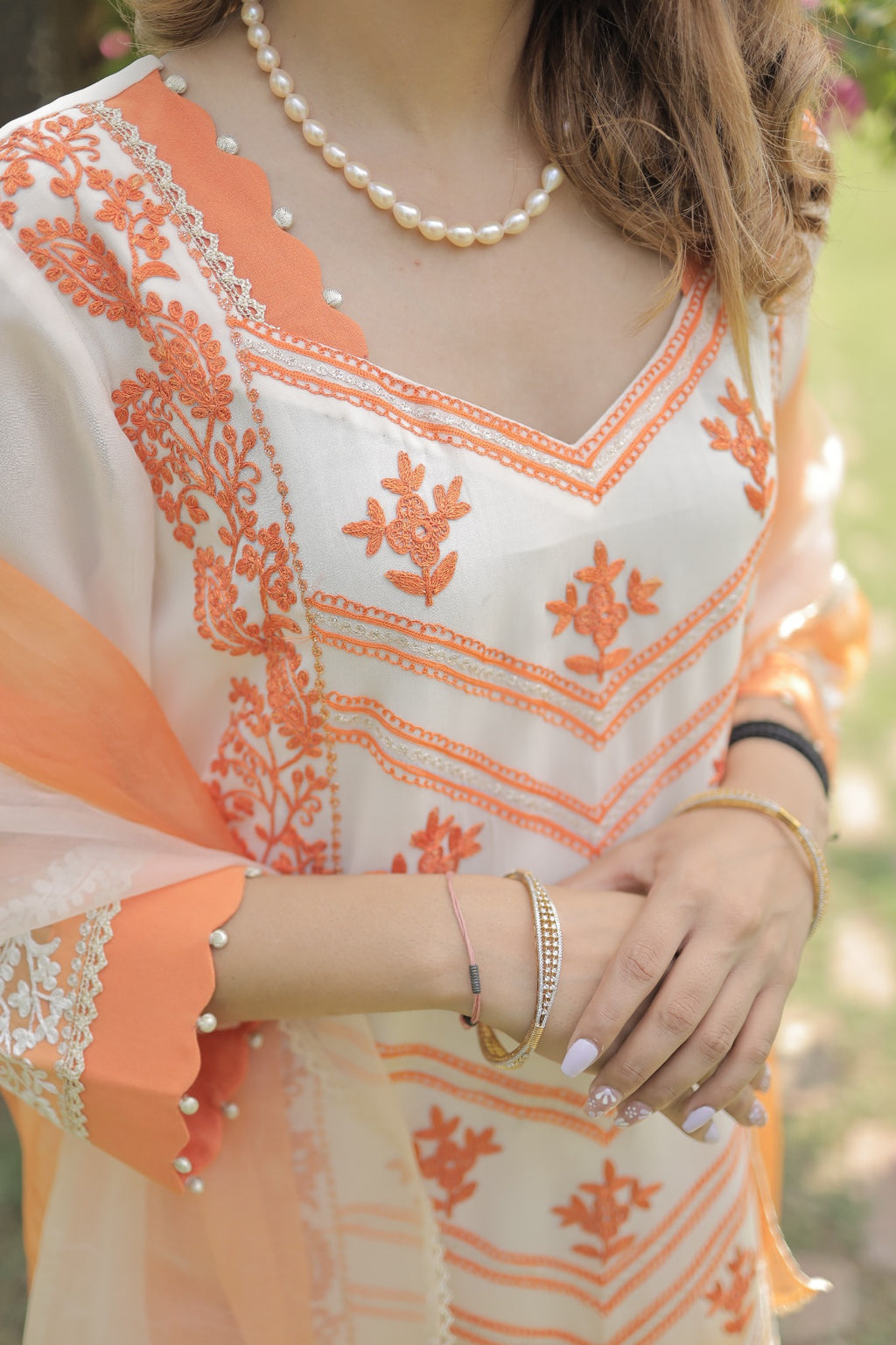 Peach Embroidered Georgette Farshi Salwar Suit