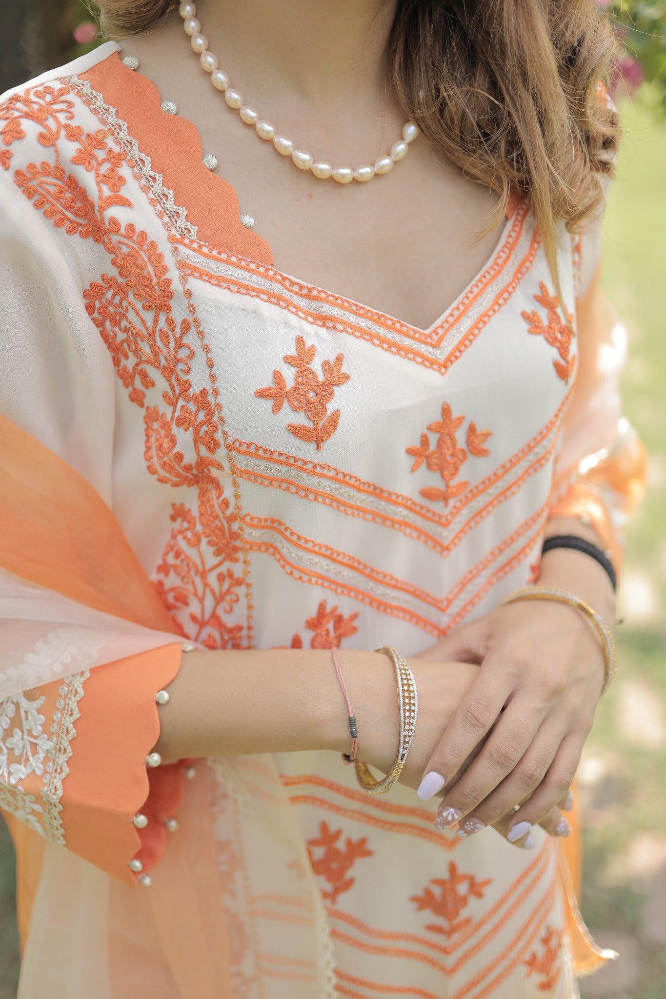 Peach Embroidered Georgette Farshi Salwar Suit
