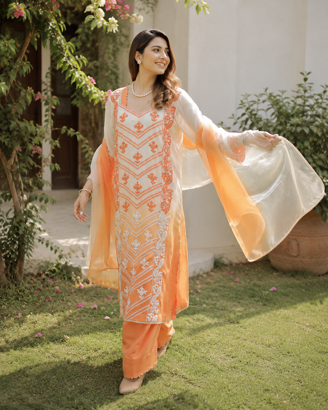 Peach Embroidered Georgette Farshi Salwar Suit