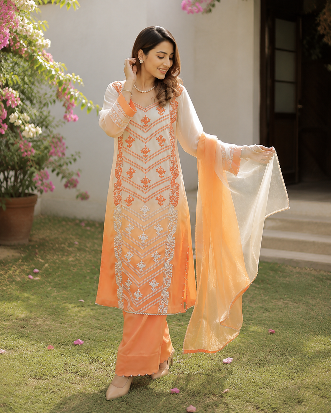 Peach Embroidered Georgette Farshi Salwar Suit