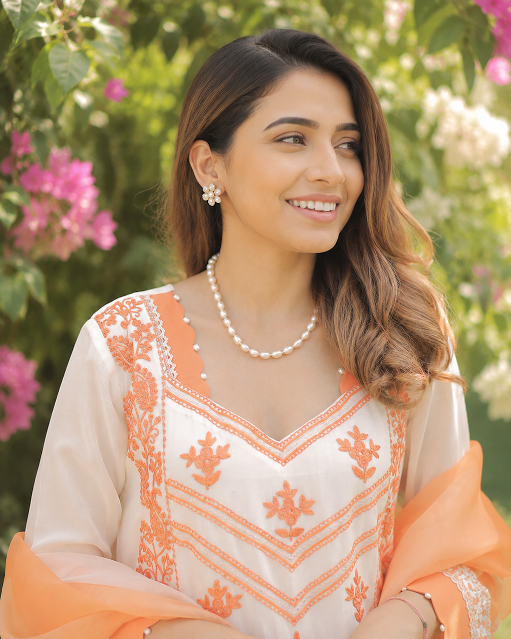 Peach Embroidered Georgette Farshi Salwar Suit