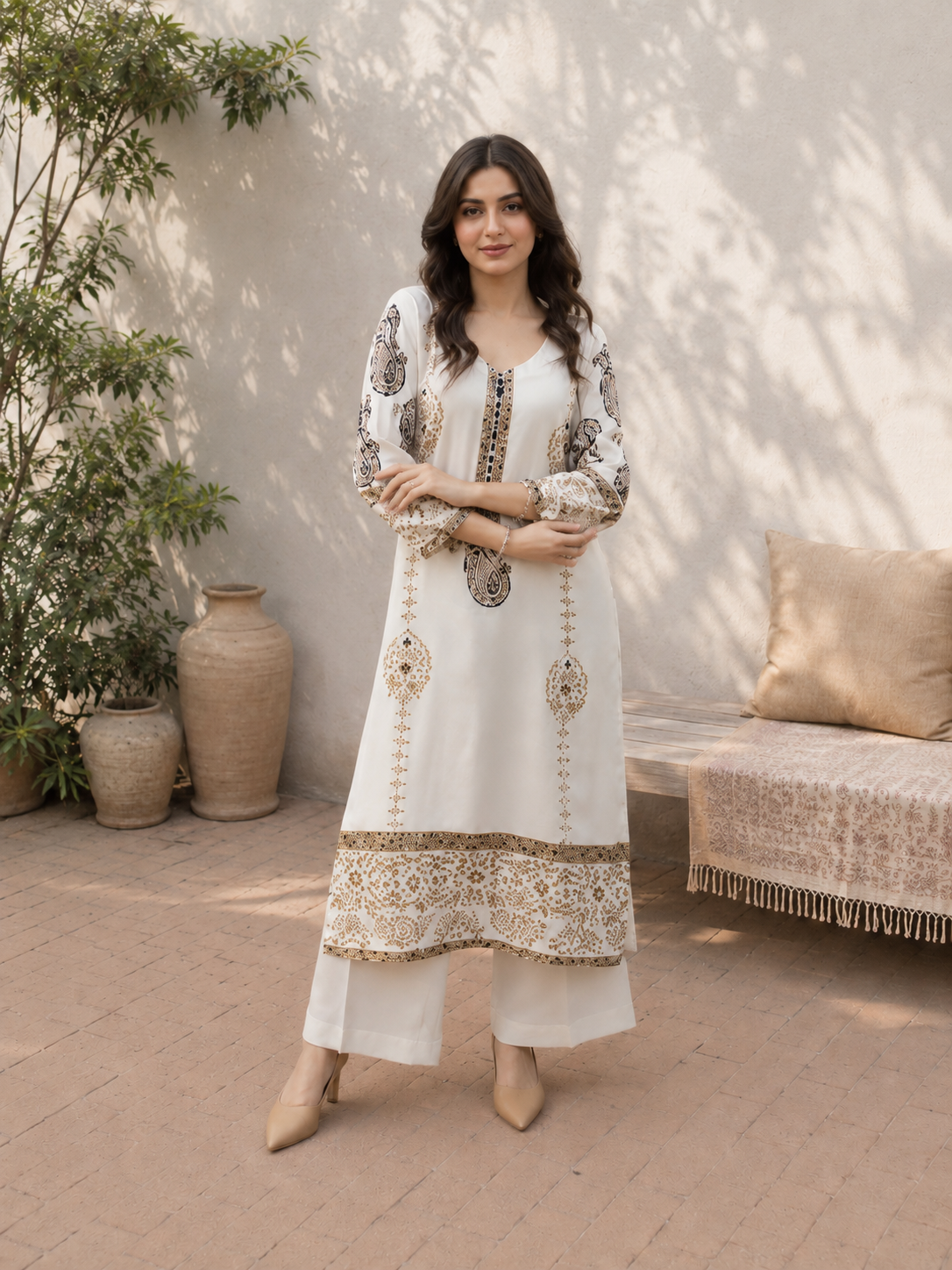 Luxury Ivory Pakistani Suit in Georgette with Mirror Embroidery