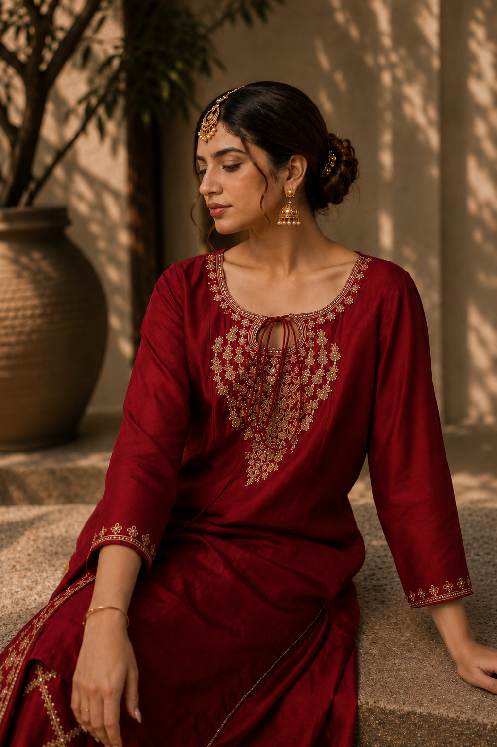 Red Handworked A-Line Shirt & Straight Salwar Set