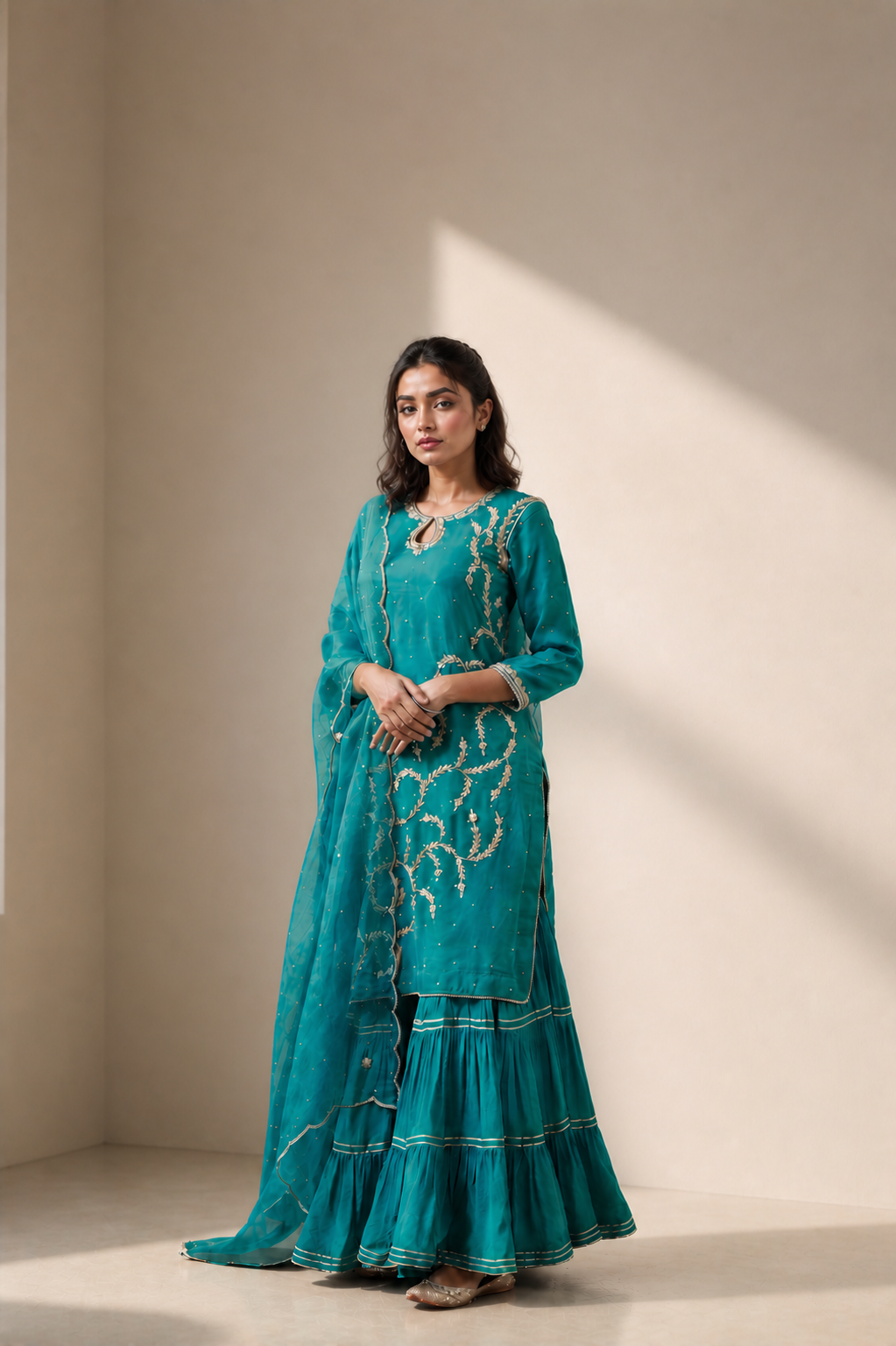 Emerald Handcrafted Georgette Garara Suit with Organza Dupatta