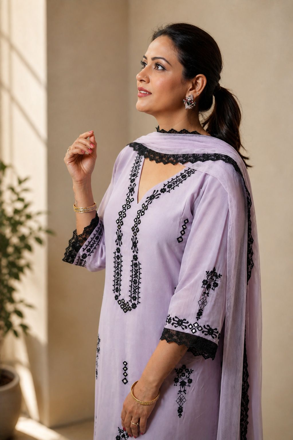 Lavender Georgette Kurta Set with Mirror Work