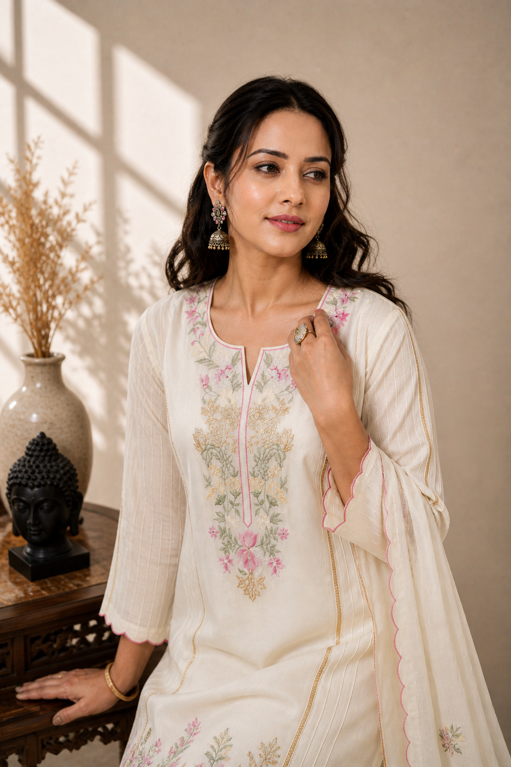 Ivory Floral Embroidered Cotton Suit Set with Scalloped Dupatta for Women