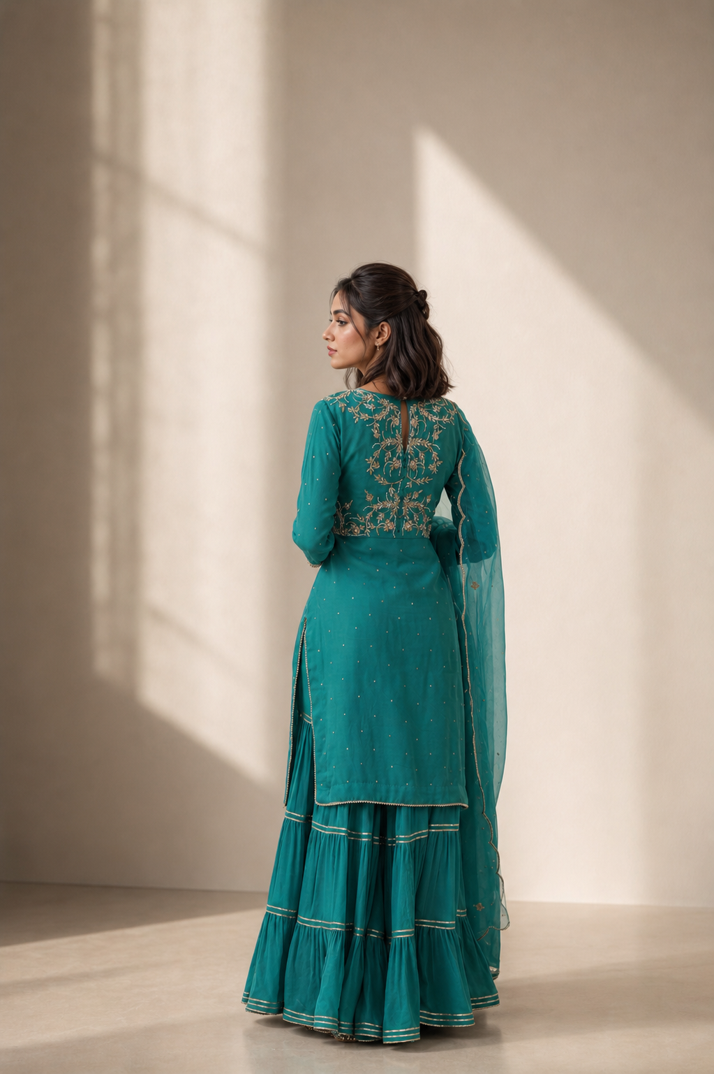 Emerald Handcrafted Georgette Garara Suit with Organza Dupatta