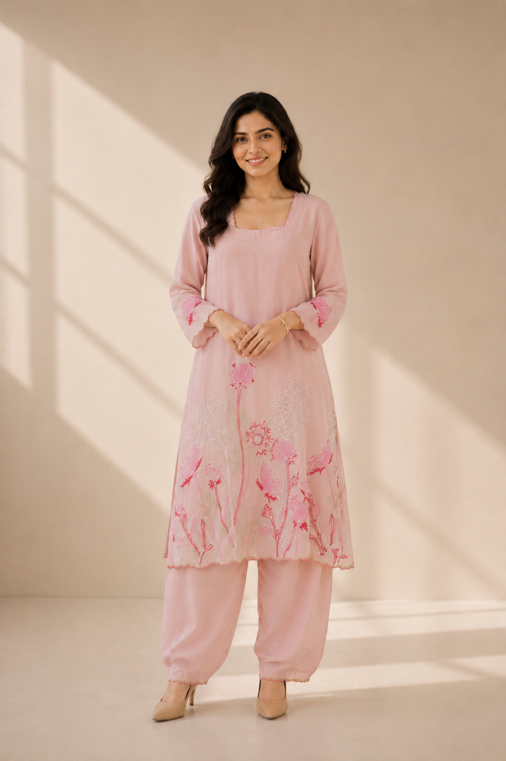 Blush Pink Embroidered Suit with Organza Dupatta
