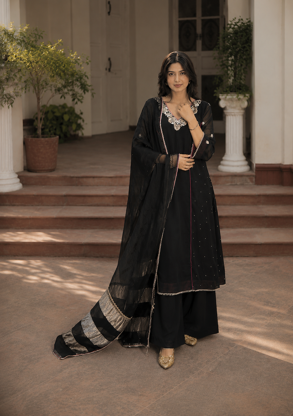 Midnight Noir, Hand Embroidered Black Georgette Set