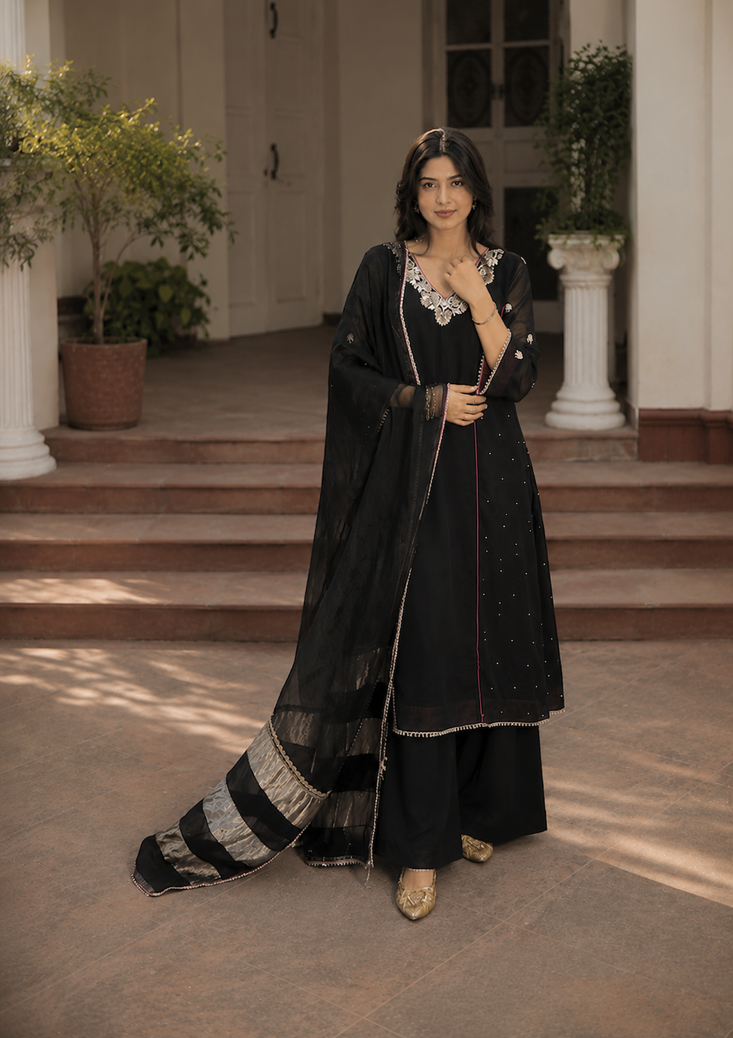 Midnight Noir, Hand Embroidered Black Georgette Set