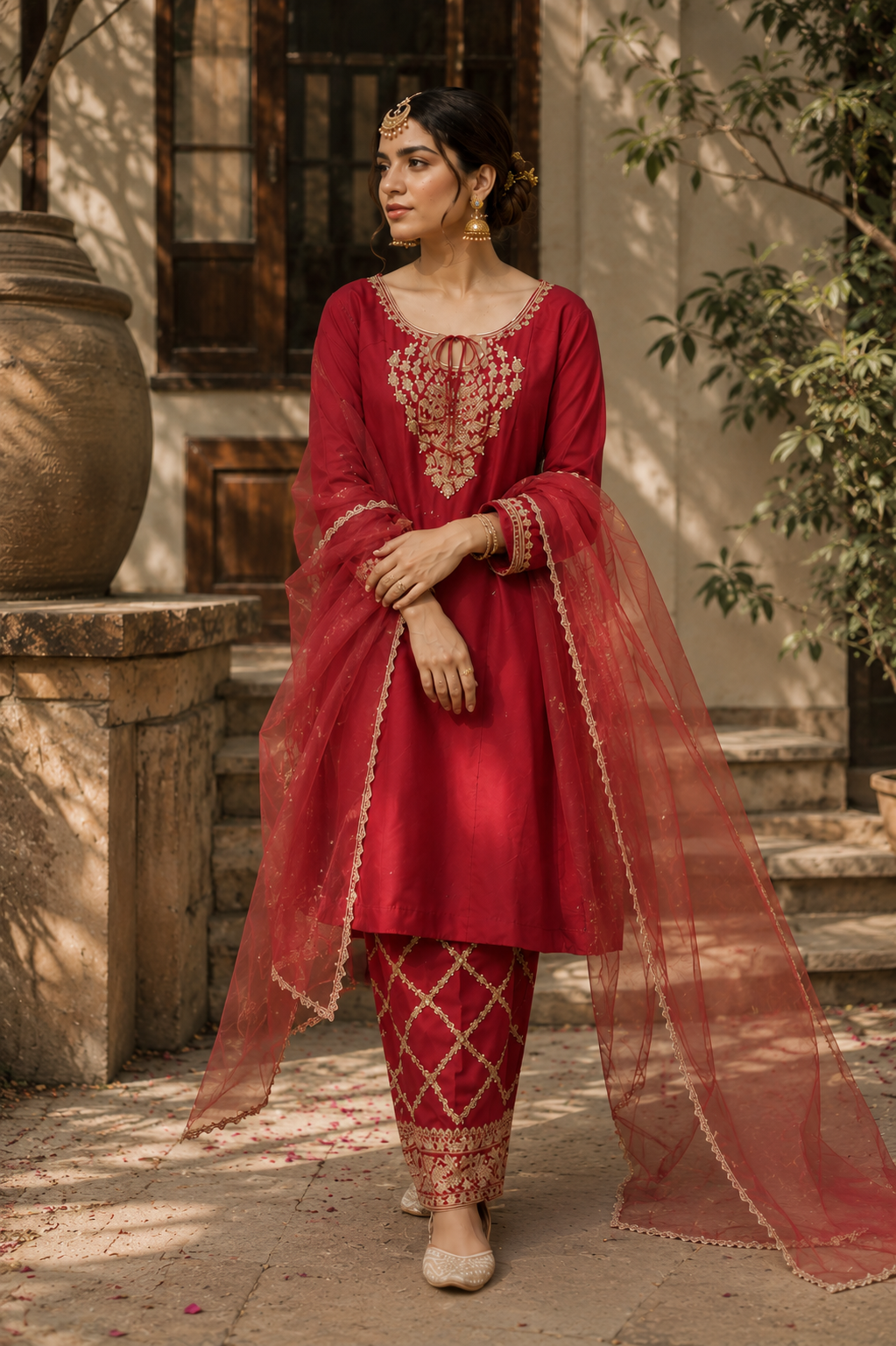 Red Handworked A-Line Shirt & Straight Salwar Set