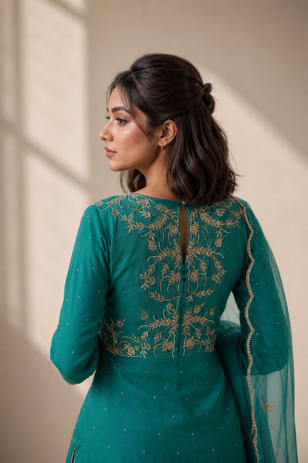 Emerald Handcrafted Georgette Garara Suit with Organza Dupatta