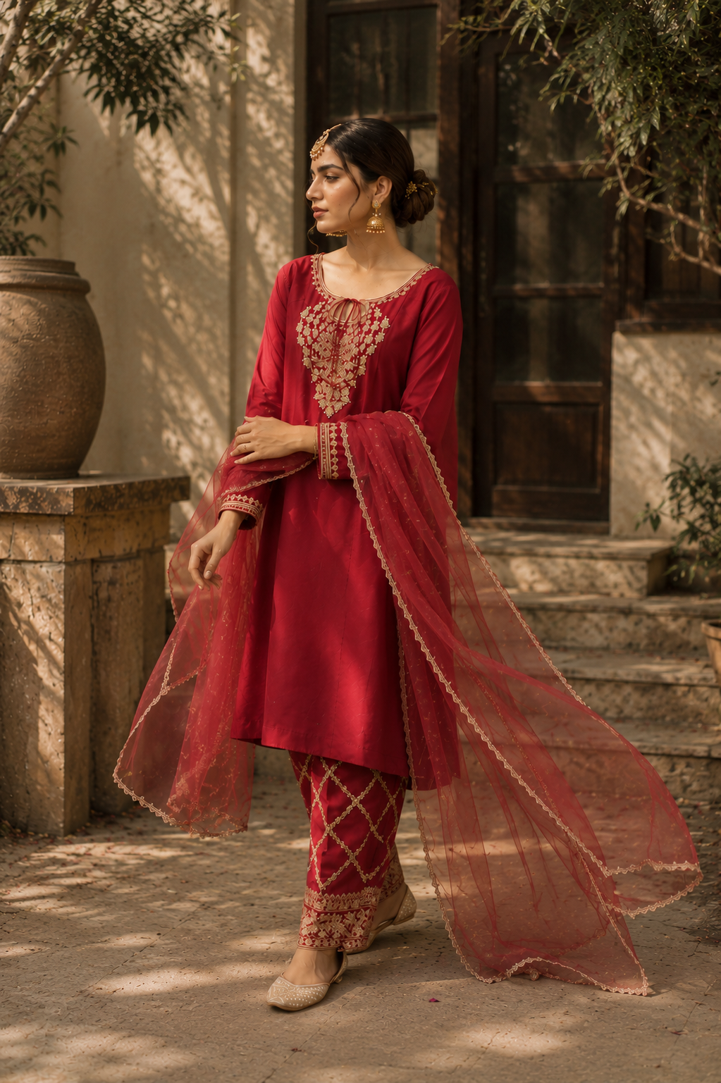 Red Handworked A-Line Shirt & Straight Salwar Set