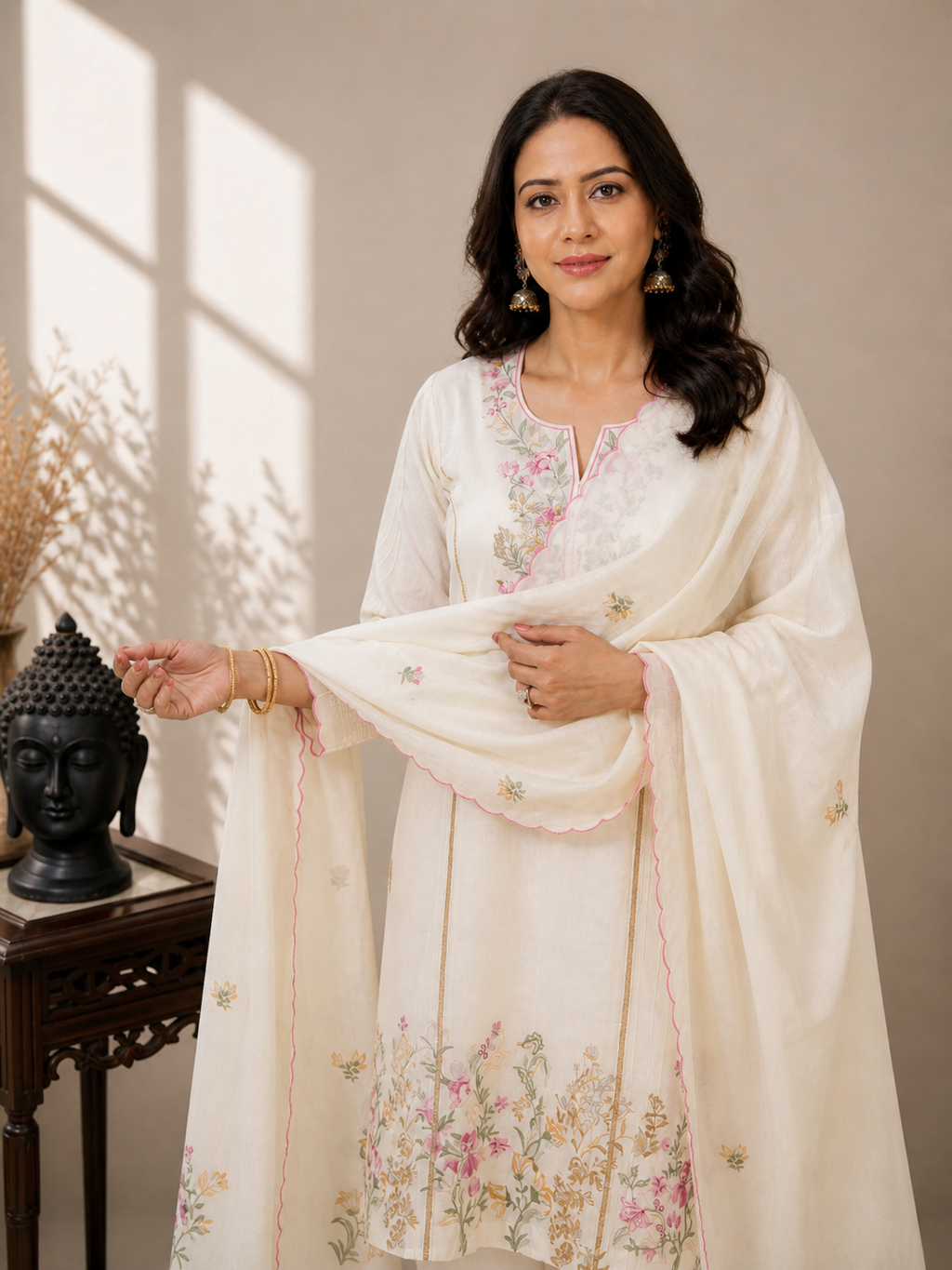 Ivory Floral Embroidered Cotton Suit Set with Scalloped Dupatta for Women