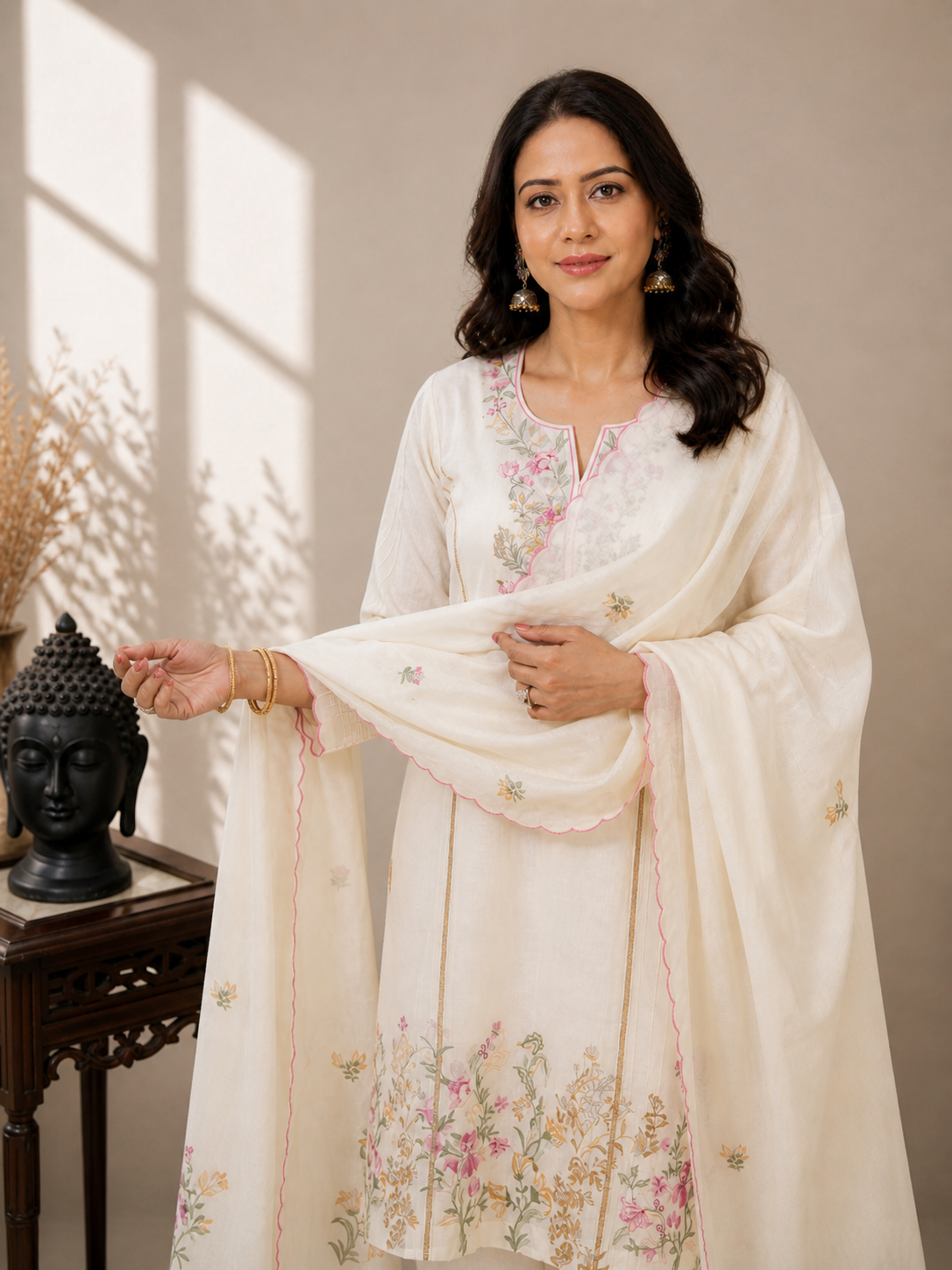 Ivory Floral Embroidered Cotton Suit Set with Scalloped Dupatta for Women