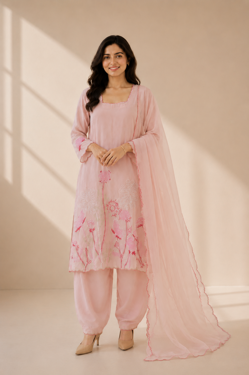 Blush Pink Embroidered Suit with Organza Dupatta