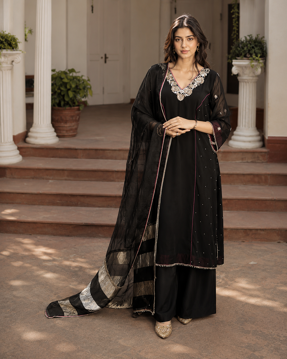 Midnight Noir, Hand Embroidered Black Georgette Set