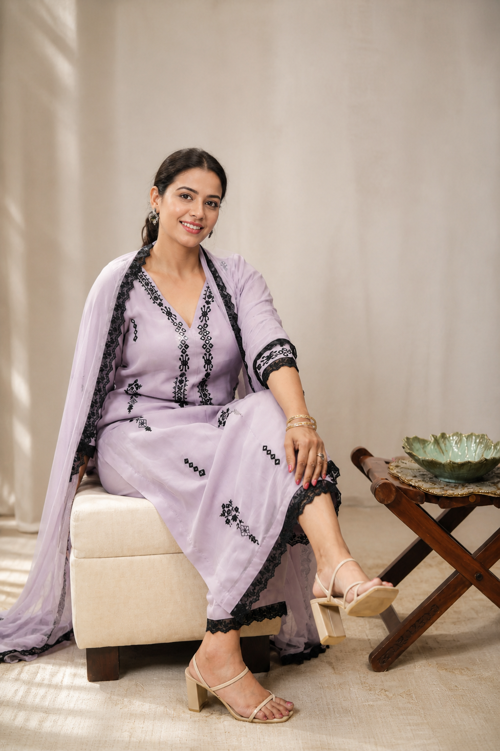 Lavender Georgette Kurta Set with Mirror Work