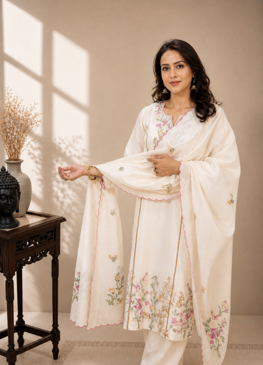 Ivory Floral Embroidered Cotton Suit Set with Scalloped Dupatta for Women