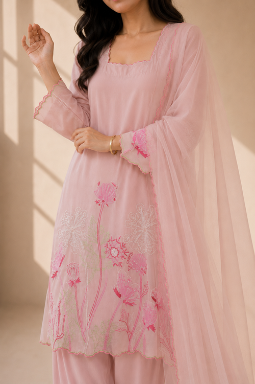 Blush Pink Embroidered Suit with Organza Dupatta