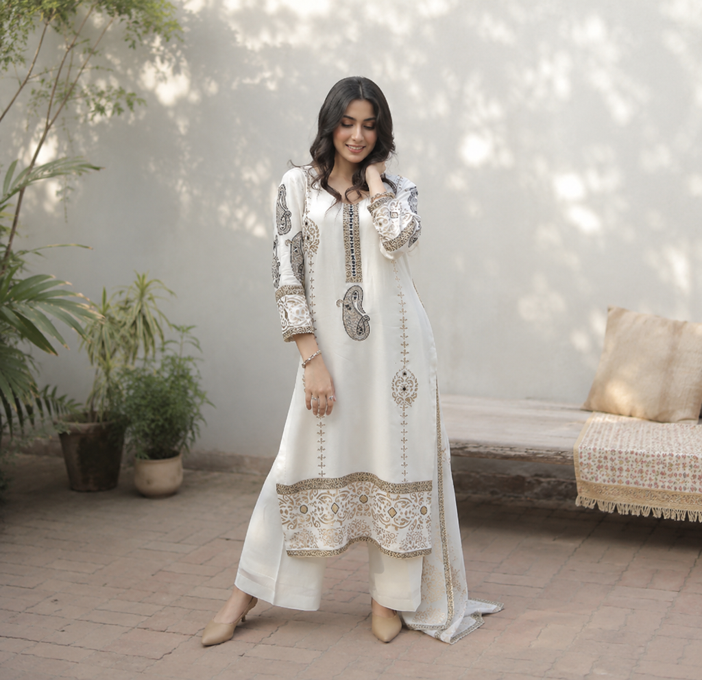 Luxury Ivory Pakistani Suit in Georgette with Mirror Embroidery