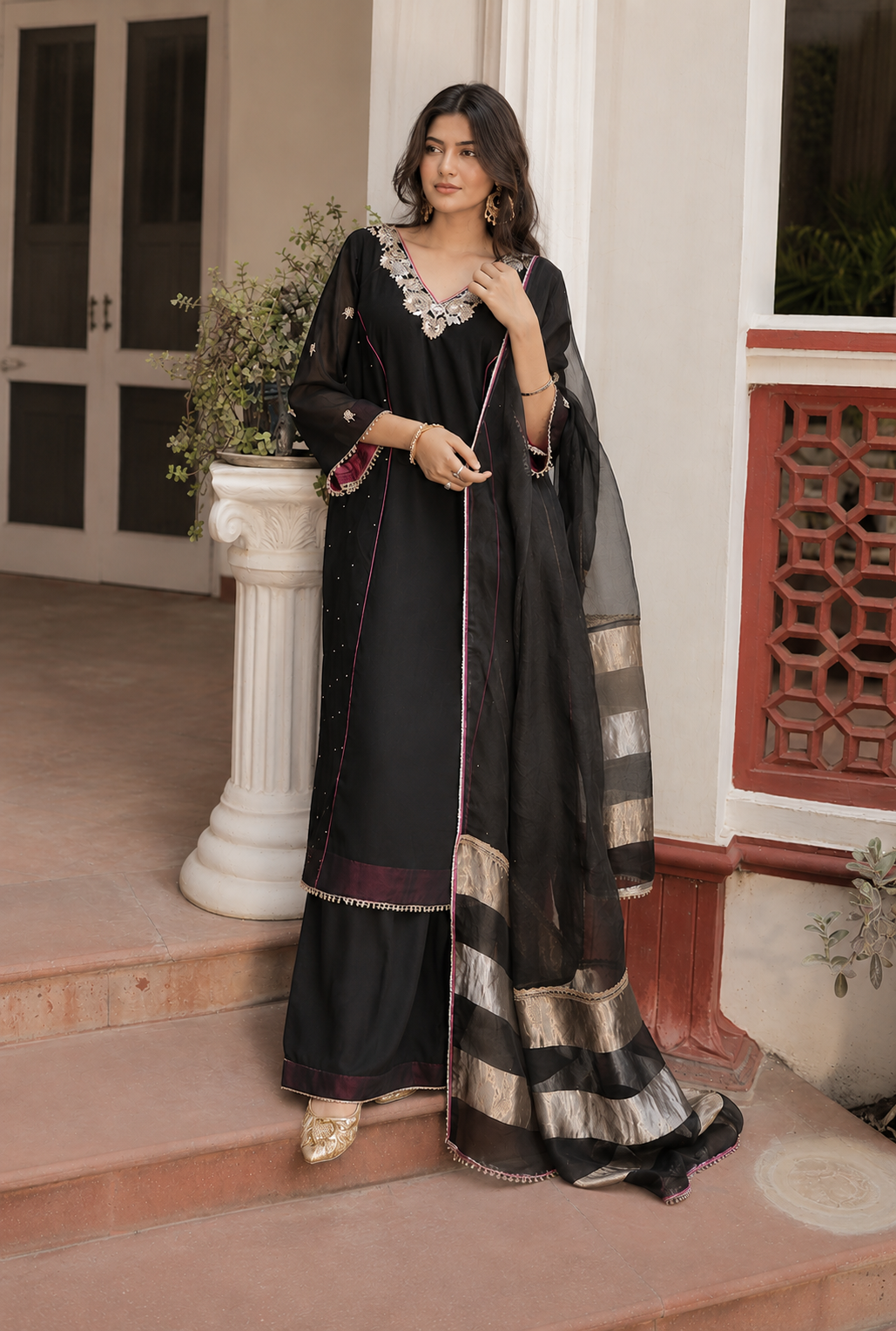 Midnight Noir, Hand Embroidered Black Georgette Set