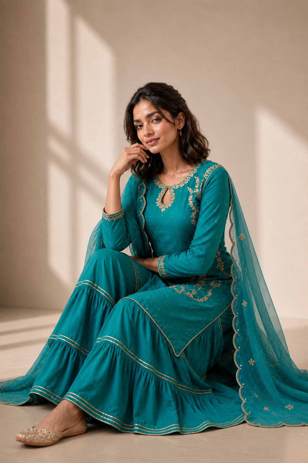 Emerald Handcrafted Georgette Garara Suit with Organza Dupatta