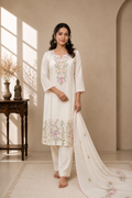 Ivory Floral Embroidered Cotton Suit Set with Scalloped Dupatta for Women