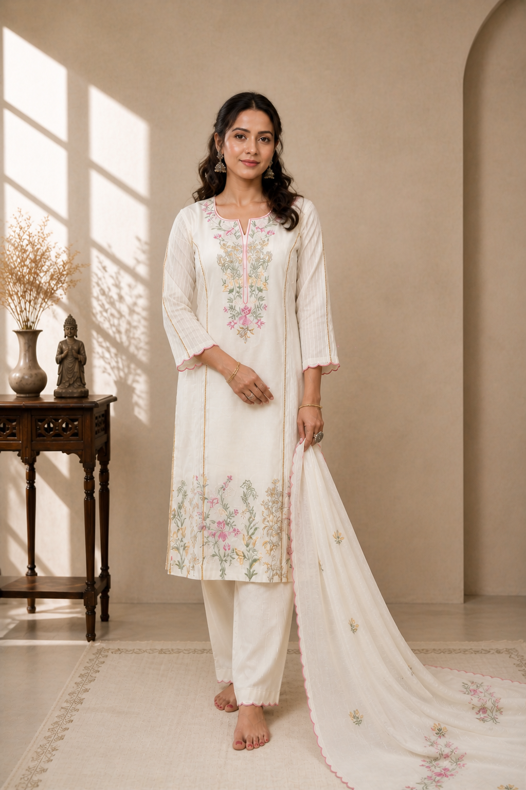 Ivory Floral Embroidered Cotton Suit Set with Scalloped Dupatta for Women