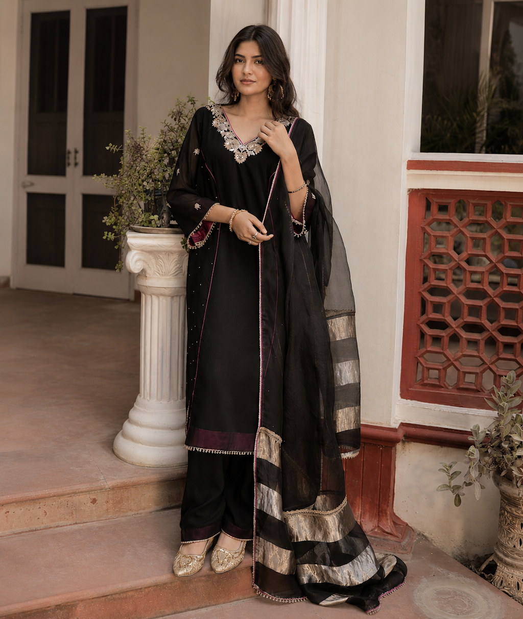 Midnight Noir, Hand Embroidered Black Georgette Set