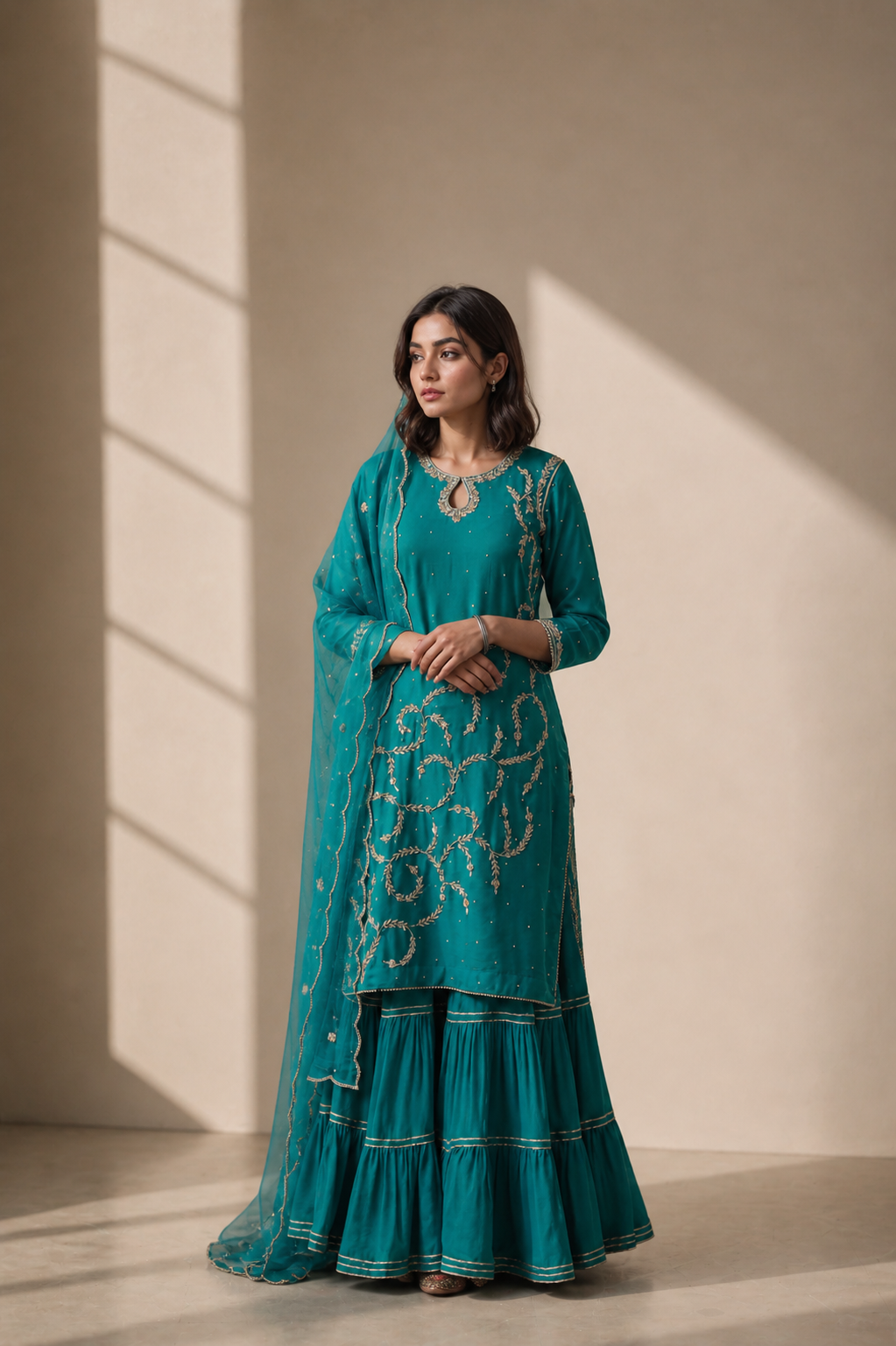 Emerald Handcrafted Georgette Garara Suit with Organza Dupatta
