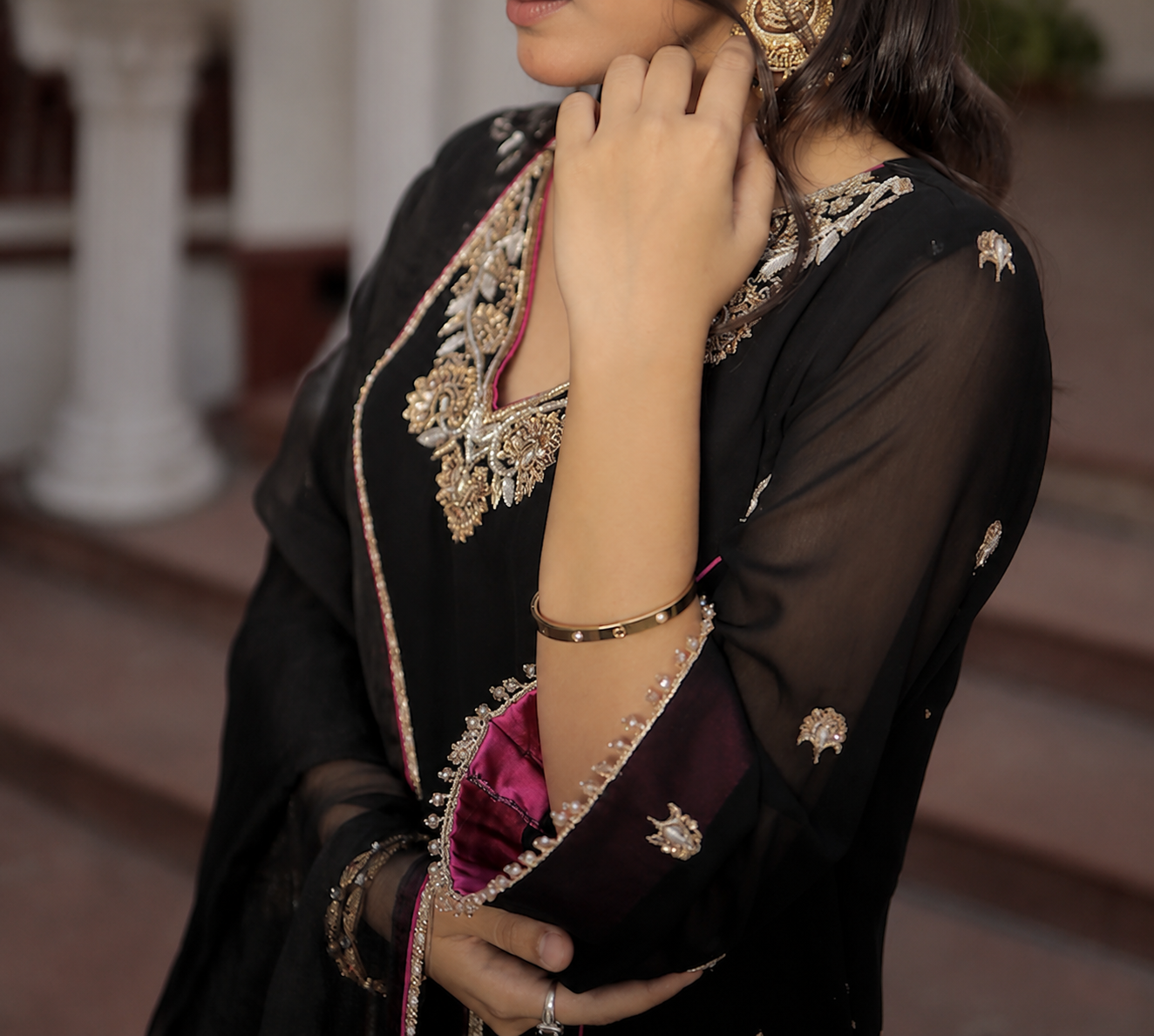 Midnight Noir, Hand Embroidered Black Georgette Set