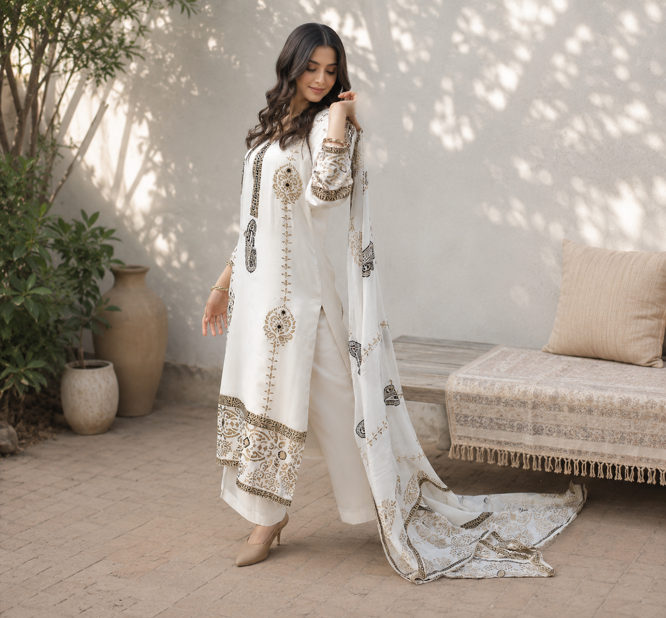 Luxury Ivory Pakistani Suit in Georgette with Mirror Embroidery
