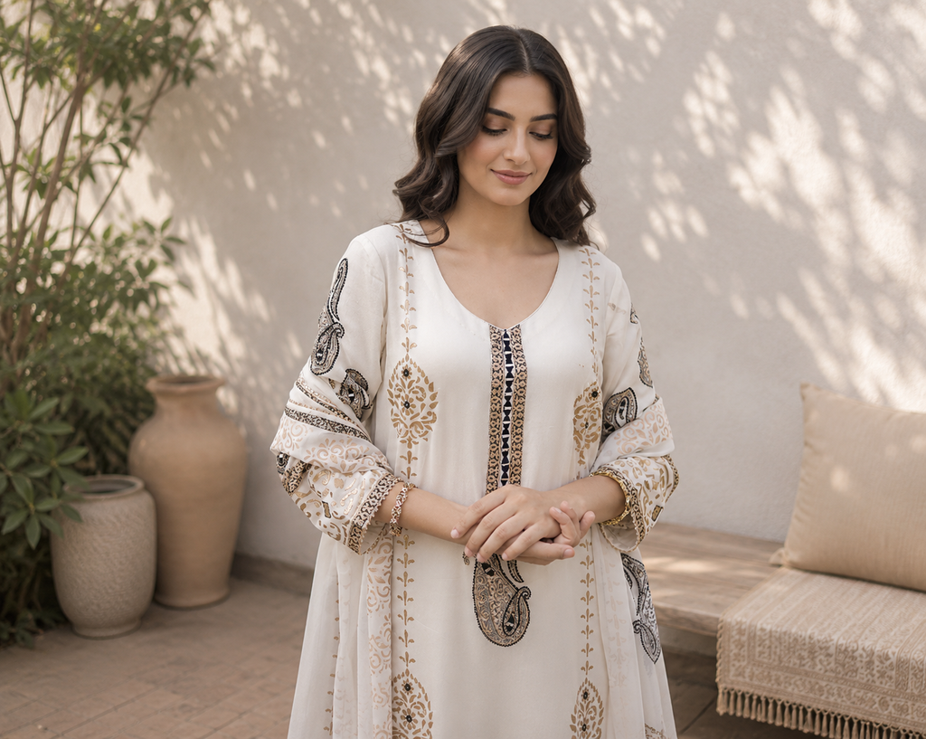 Luxury Ivory Pakistani Suit in Georgette with Mirror Embroidery