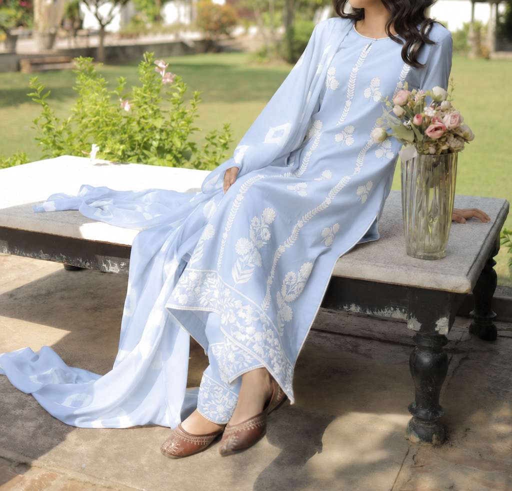 Thread Embroidered Georgette Suit with Chinon Tie & Dye Dupatta