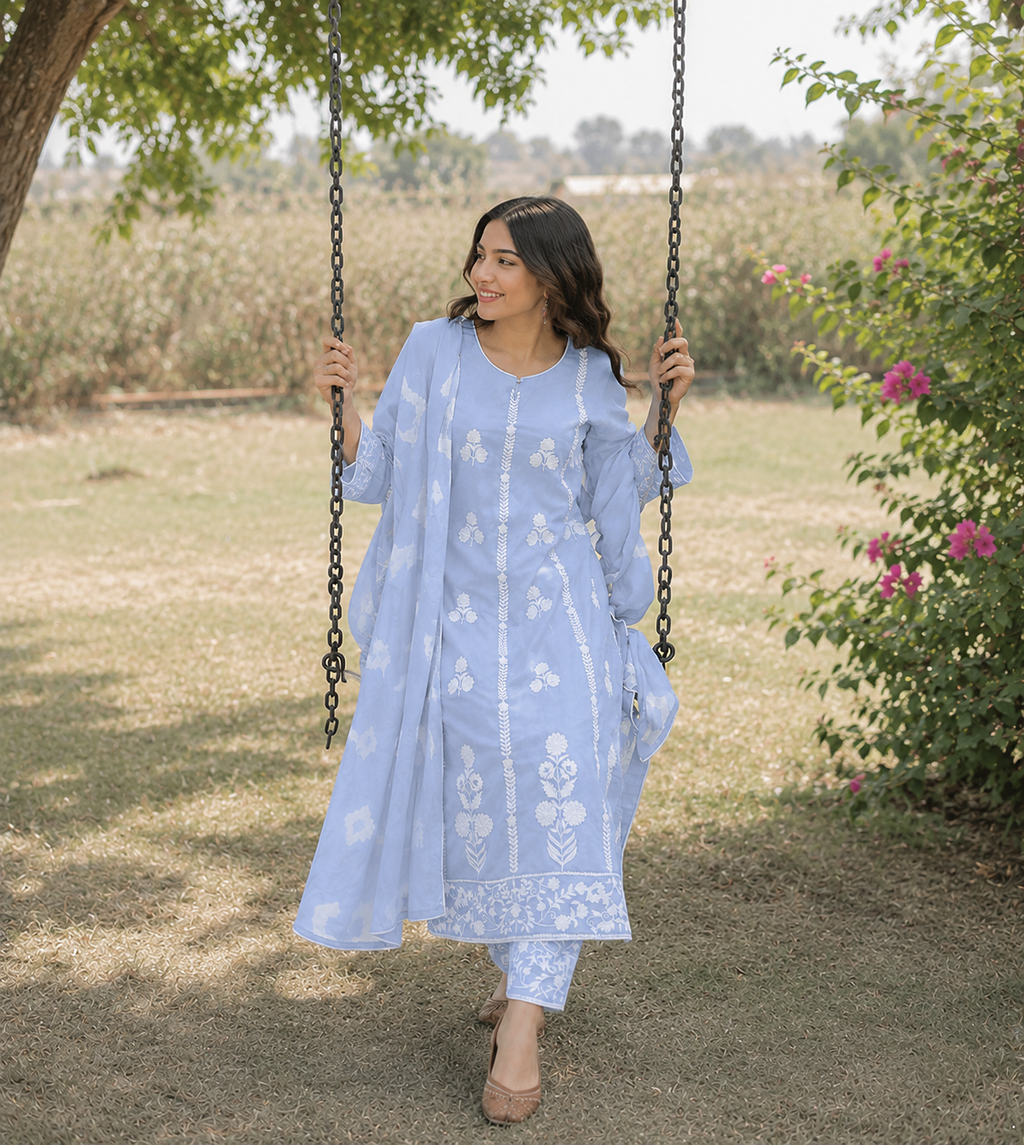 Thread Embroidered Georgette Suit with Chinon Tie & Dye Dupatta