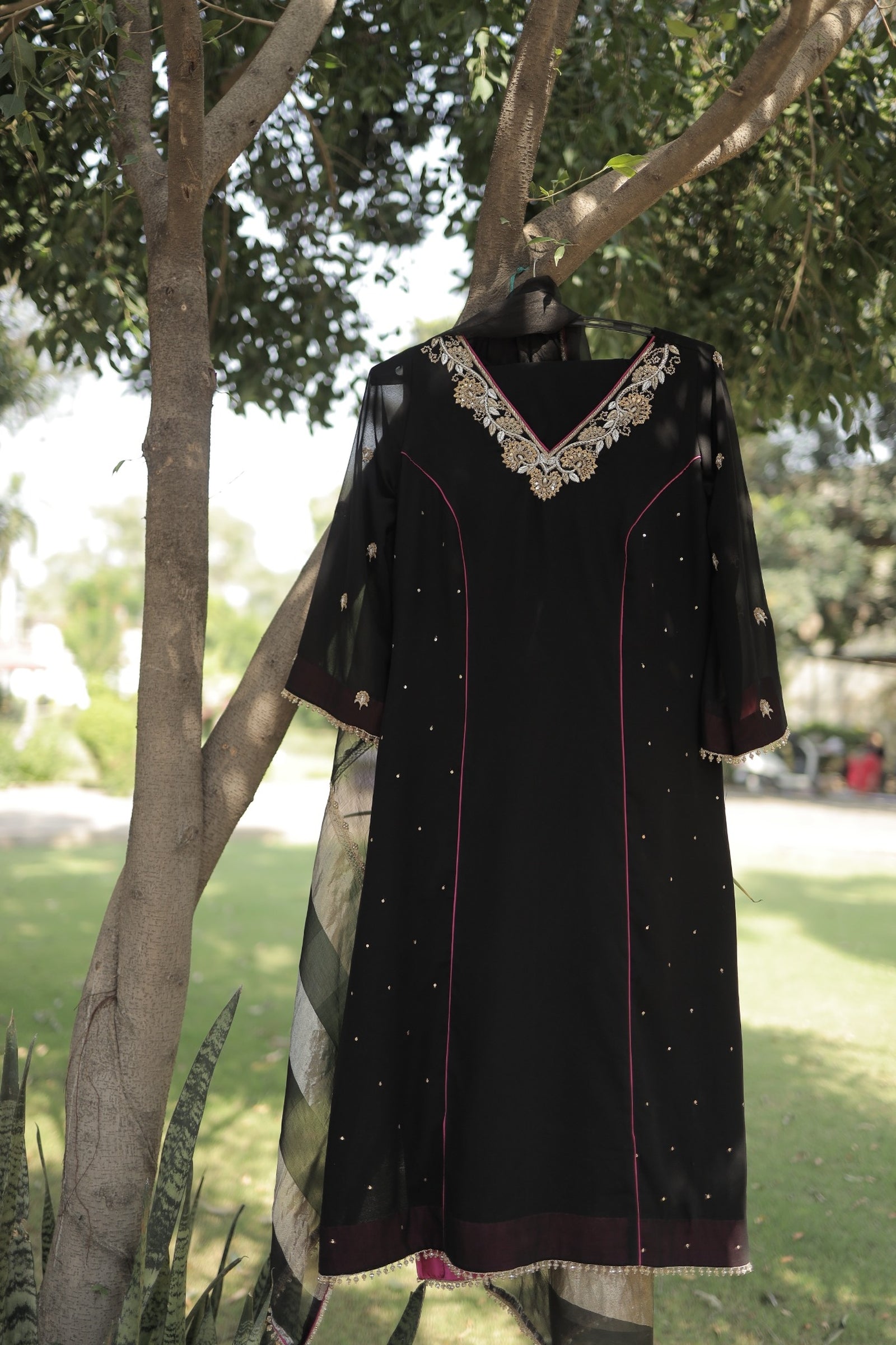 Midnight Noir, Hand Embroidered Black Georgette Set