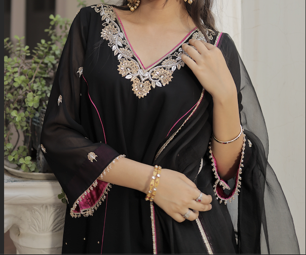 Midnight Noir, Hand Embroidered Black Georgette Set