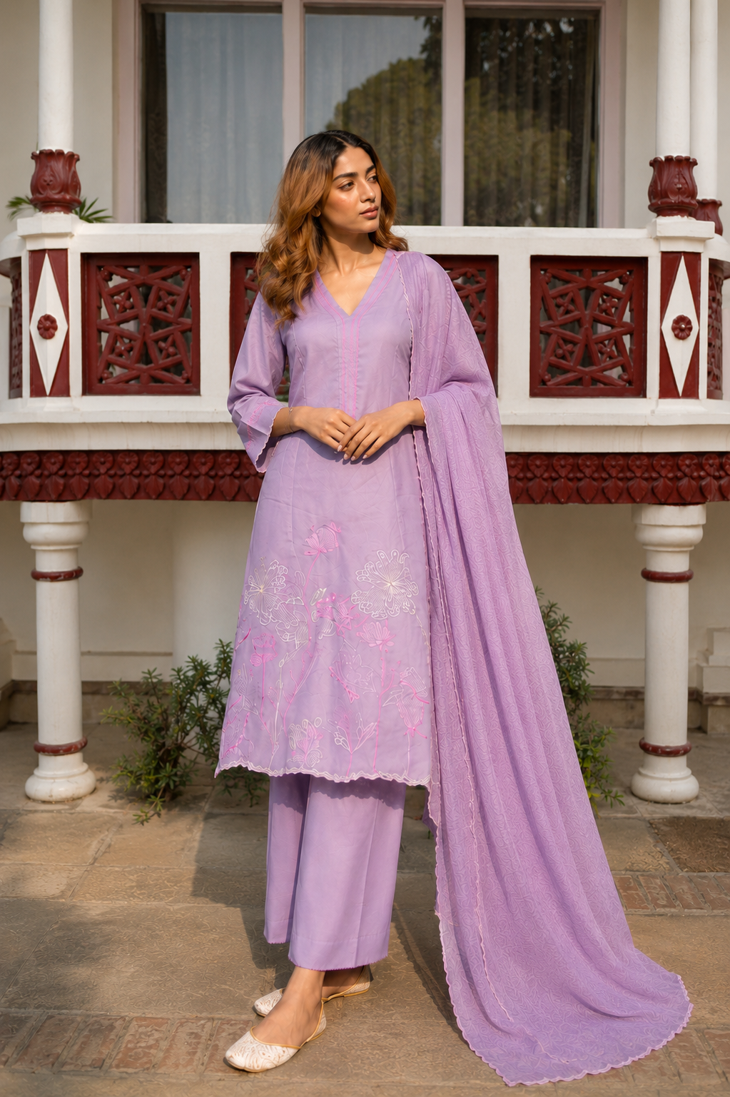 Lavender Cotton Kurta Set with Embroidered Ghera