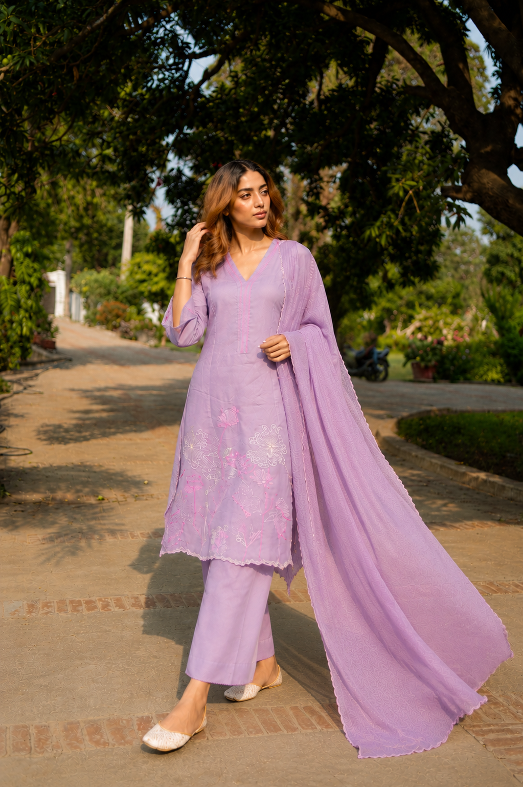Lavender Cotton Kurta Set with Embroidered Ghera
