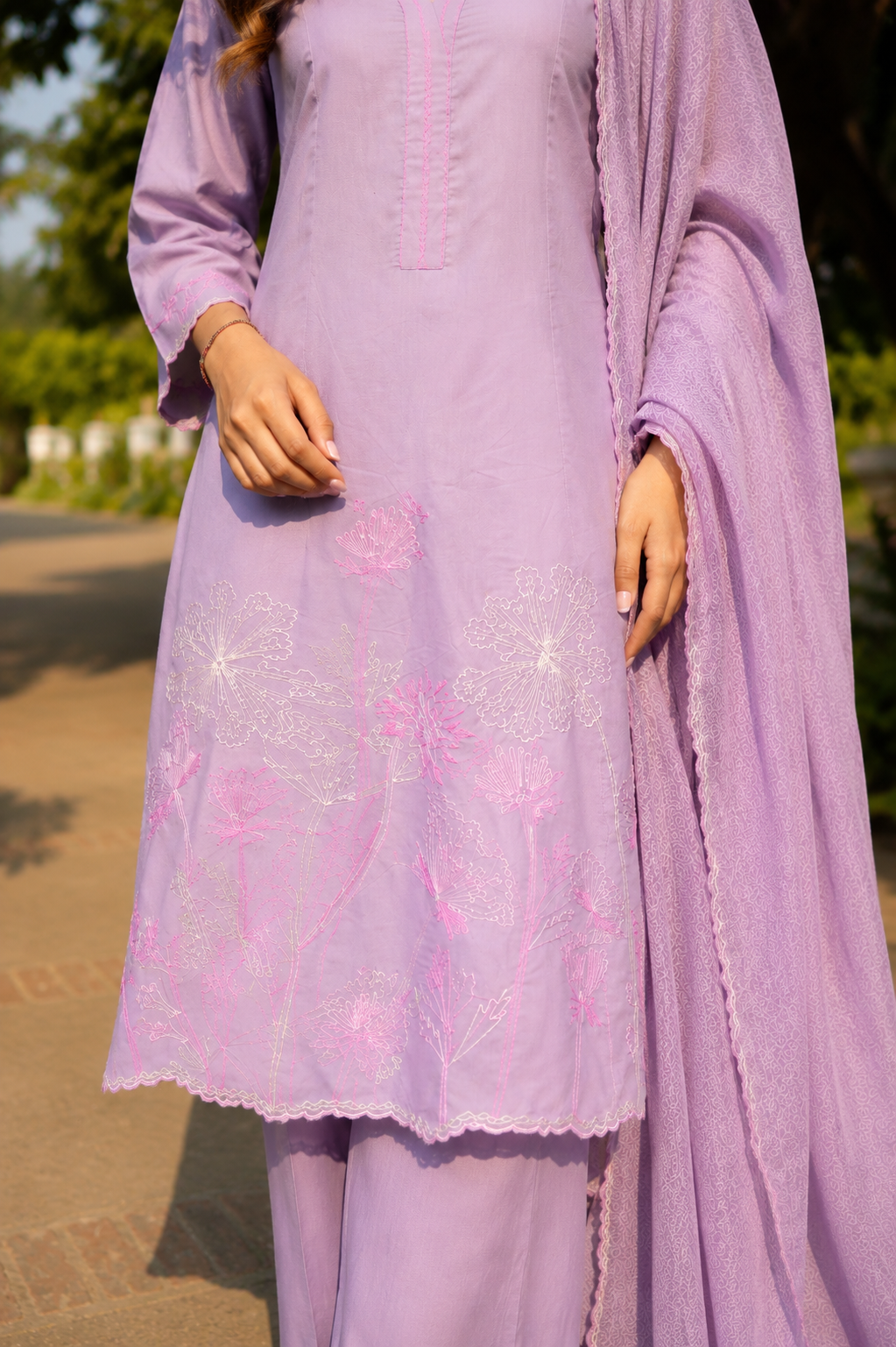 Lavender Cotton Kurta Set with Embroidered Ghera