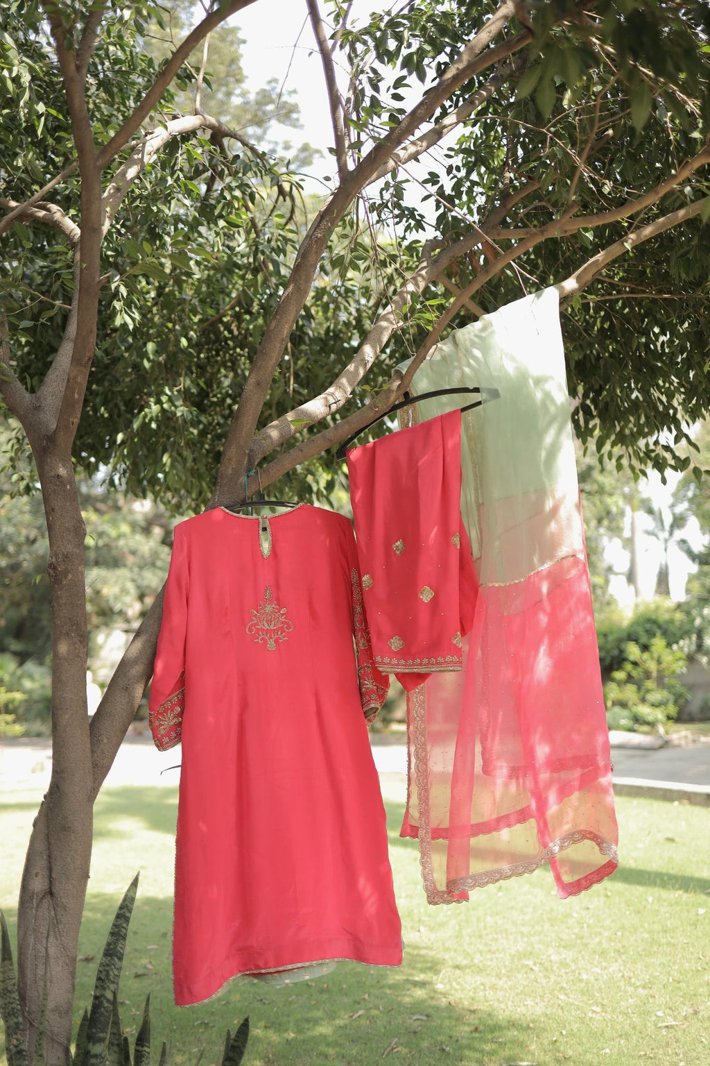 Coral Pink Festive Suit with Intricate Hand Embroidery