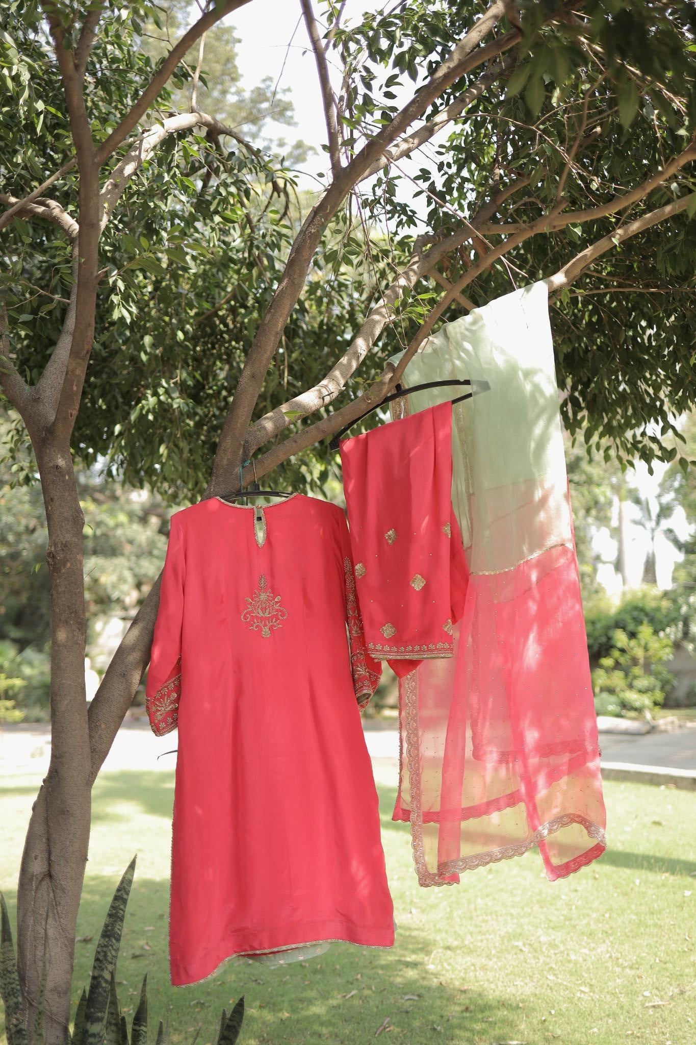 Coral Pink Festive Suit with Intricate Hand Embroidery